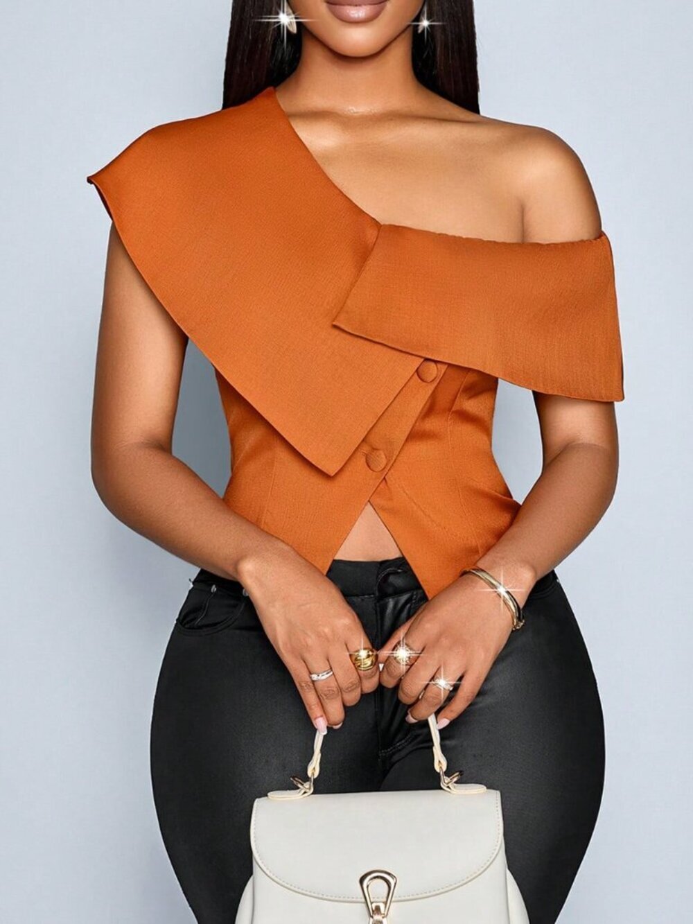 Rust Brown Casual Women's Asymmetrical Single-Breasted Party Blouse